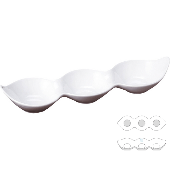 Récipients allongés à 3 compartiments en porcelaine blanche